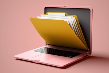 Laptop with file folder on screen, pink background, Generative AI