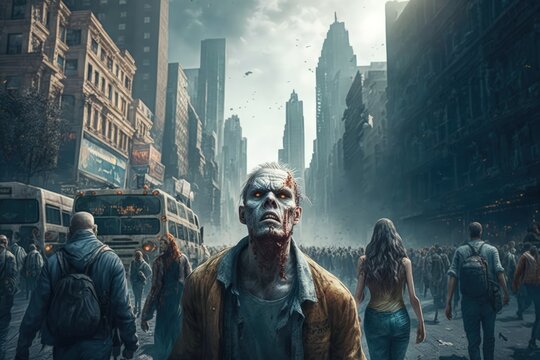 Horde of zombies walking through the streets of New York, zombie apocalypse background, Generative AI
