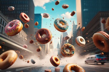 Donut rain in big metropoli, Donuts falling from the sky in the city, Generative AI