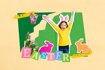 Creative green color photo collage template artwork brochure of cheerful girl hooray have fun good...