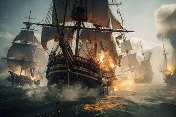 Ships on Fire in Medieval Battleships, Pirate ships destroyed in cannon battle, Generative AI