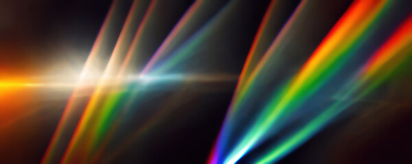 Rainbow lights. Digital flare. Graphic laser banner. Colorful blurred glowing shining rays composition on dark illustration background.