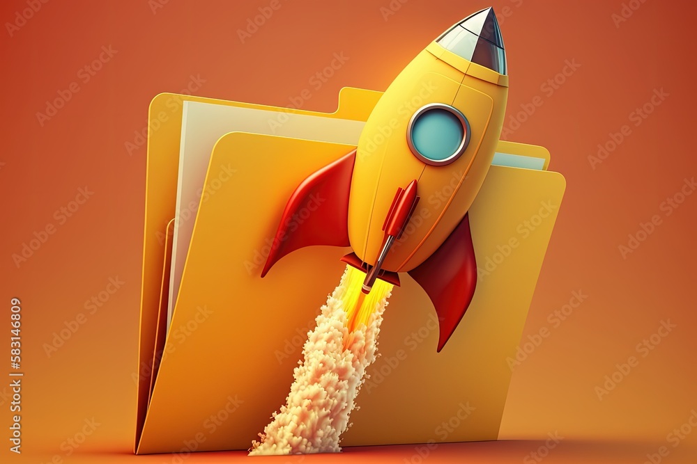 Wall mural rocket taking off and file folder on orange background, generative ai