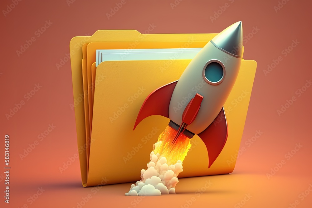 Wall mural rocket taking off and file folder on orange background, generative ai