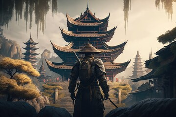 Samurai and oriental temple in the background, samurai with armor, Generative AI - obrazy, fototapety, plakaty