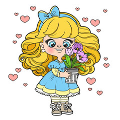 Cute cartoon long haired girl holds in hands a large pot with tulips color variation for coloring page on white background