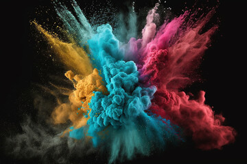 Colored creative dust powder or smoke splash explosion isolated on black background. Colorful ink creativity concept idea. Ai generated