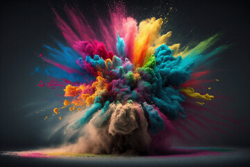 Colored creative dust powder or smoke splash explosion isolated on black background. Colorful ink creativity concept idea. Ai generated