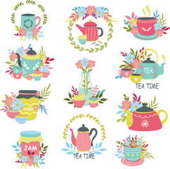 A set of cute gentle clipart for a tea party. Design of postcards and invitations.  Set of cups and flowers