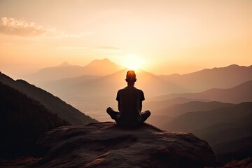 Rear view of man practicing meditation or yoga pose on the mountain at  sunset time. Generative ai.