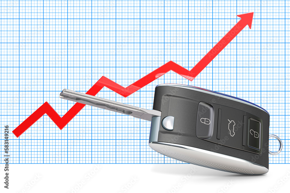 Poster car key with growing chart. 3d rendering