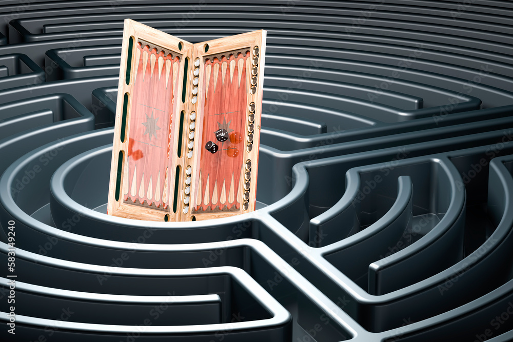 Poster backgammon, board game inside labyrinth, maze. 3d rendering