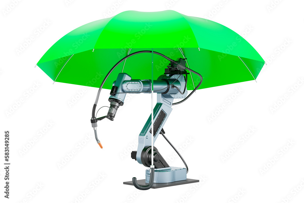 Poster robot welding under umbrella. 3d rendering
