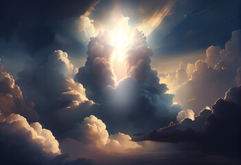 Beautiful clouds with the silhouette of Jesus cross in the sky. Christian illustration.