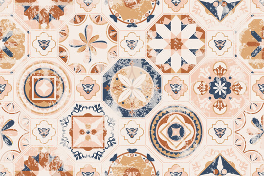 Seamless vintage pattern with scuffed effect. Patchwork rug. Hand-drawn seamless abstract tile pattern. Azulejos patchwork tiles. Portuguese and Spanish décor.
