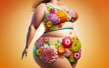 Beautiful female body with flowers and strong colors. Body positivity. Generative Ai 
