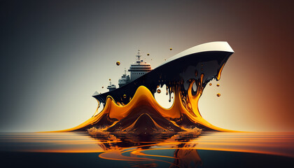 Oil tanker on a huge wave in ocean in red black colors of oil leak. Oil transportation problems, AI generative