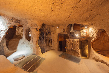 Derinkuyu underground city ancient cave in Cappadocia, Turkey, travel place of Goreme