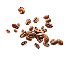 Coffee beans in flight on a white background