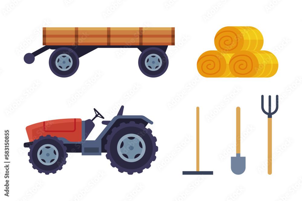 Poster farm object with tractor, hay, trailer, pitchfork and shovel vector set