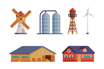 Farm Object with Timbered Red Barn, Windmill and Water Tower Vector Set