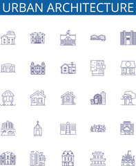Urban architecture line icons signs set. Design collection of Urbanity, Architecture, Buildings, Skyscrapers, Townhouses, High rises, Cities, Yards outline concept vector illustrations