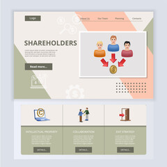 Fototapeta premium Shareholders flat landing page website template. Intellectual property, collaboration, exit strategy. Web banner with header, content and footer. Vector illustration.
