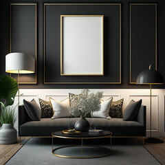 Luxury office with dark colors, mockup frame on the wall, generative ai