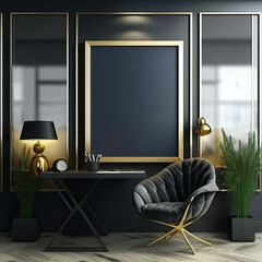 Luxury office with dark colors, mockup frame on the wall, generative ai