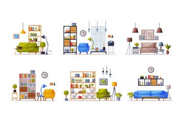 Modern Room Interior Design with Comfy Furniture and Home Decor Vector Set
