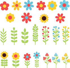 Clipart of bright flowers, berries and twigs. Flat vector.