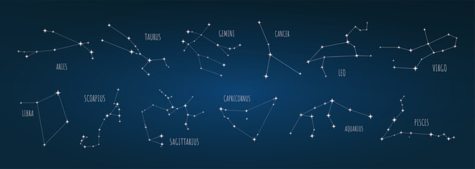 Zodiac Constellations set with names on dark blue Background © iryna