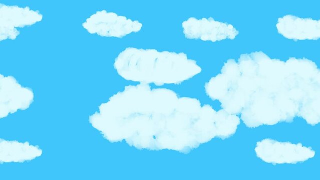 White cartoon clouds float against a blue background. Dynamic clouds in 4k with alpha channel. Stock video of a joyous day. Screensaver for children's blog, channel. Looped movement.