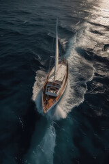 Yacht in the ocean, top view, vertical background. AI generative.