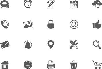 Simple set of black vector icons. Contains such icons as internet, mail, contact, phone, clock and more