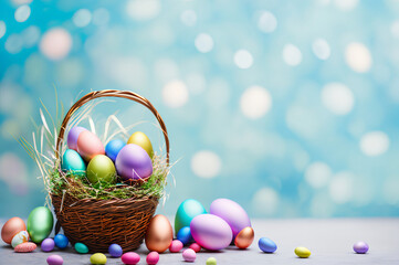 Fototapeta na wymiar Easter banner with easter eggs in a basket. Festive website header, happy easter poster with copy space. Beautiful, colorful easter card. Generative AI.