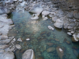 The crystalline and emerald waters in the canyons of the Verzasca river. Lavertezzo, Switzerland.