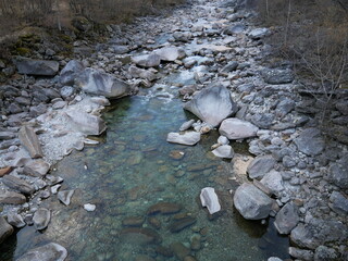 The crystalline and emerald waters in the canyons of the Verzasca river. Lavertezzo, Switzerland.