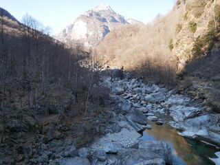 The crystalline and emerald waters in the canyons of the Verzasca river. Lavertezzo, Switzerland.