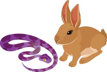 Environment icon isometric vector. Bright creeping snake near little gray rabbit. Biological diversity concept