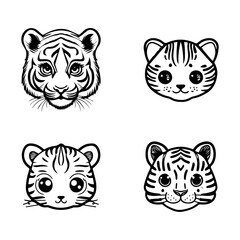 cute anime tiger head logo collection set hand drawn line art illustration