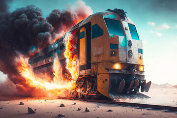 Railroad train on fire on the tracks after a possible derailment and explosion. Generative AI - obrazy, fototapety, plakaty