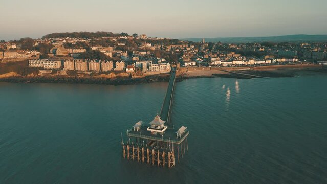 Aerial view of old Victorian ocean pier in Clevedon, Somerset, England