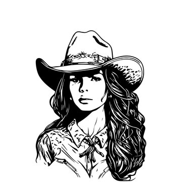 A stylish Chicano girl wearing cowboy hat in black and white, rendered in intricate Hand drawn line art illustration