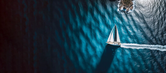 Aerial drone of beautiful sail boat in deep blue sea, Generative Ai