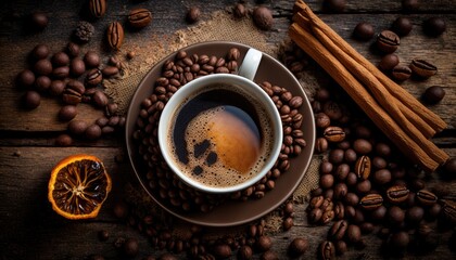 Cup of coffee on old wooden background create with generative ai technology.