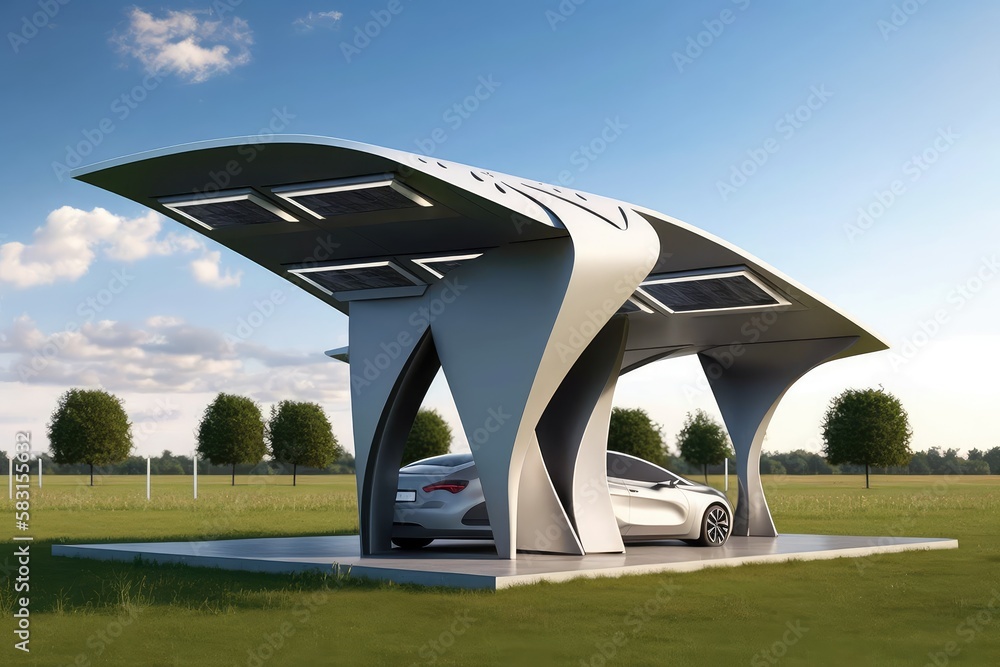 Canvas Prints electric car charging station with futuristic design, featuring sleek solar panels and led lighting, created with generative ai