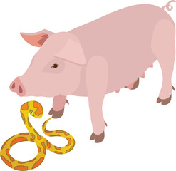 Different animal icon isometric vector. Pink pig animal near tiger python icon. Biological diversity concept