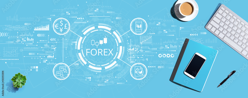 Poster forex trading concept with a computer keyboard and office items