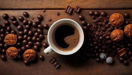 Cup of coffee on old wooden background with coffee bean.